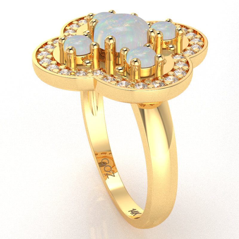Shamrock Clover Flower Leaf Opal Diamond Ring In 14k Yellow Gold