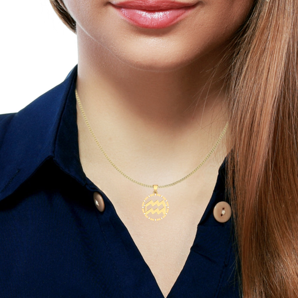 Aquarius Zodiac Sign Diamond Bezel Pendant In Solid 14K Yellow Gold