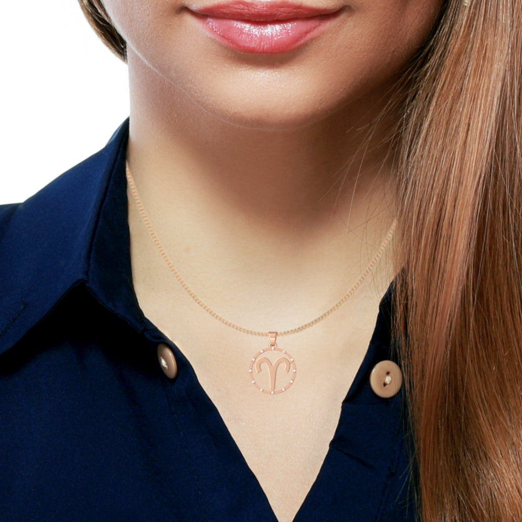 Aries Zodiac Sign Diamond Bezel Pendant In Solid 14K Rose Gold