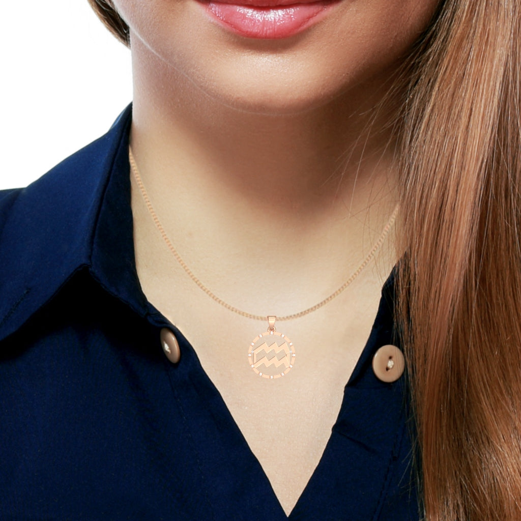Aquarius Zodiac Sign Diamond Bezel Pendant In Solid 10K Rose Gold