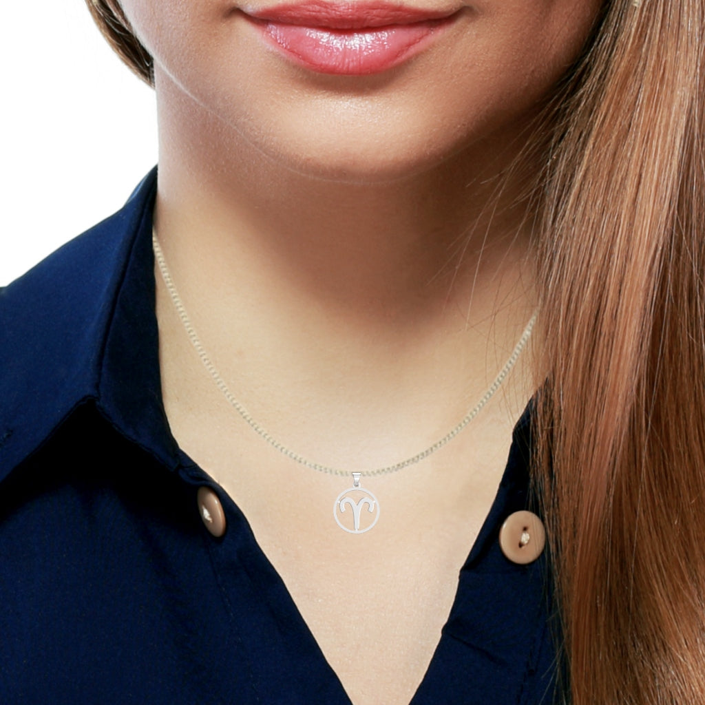 Aries Zodiac Sign Round Bezel Pendant In Solid 10K White Gold