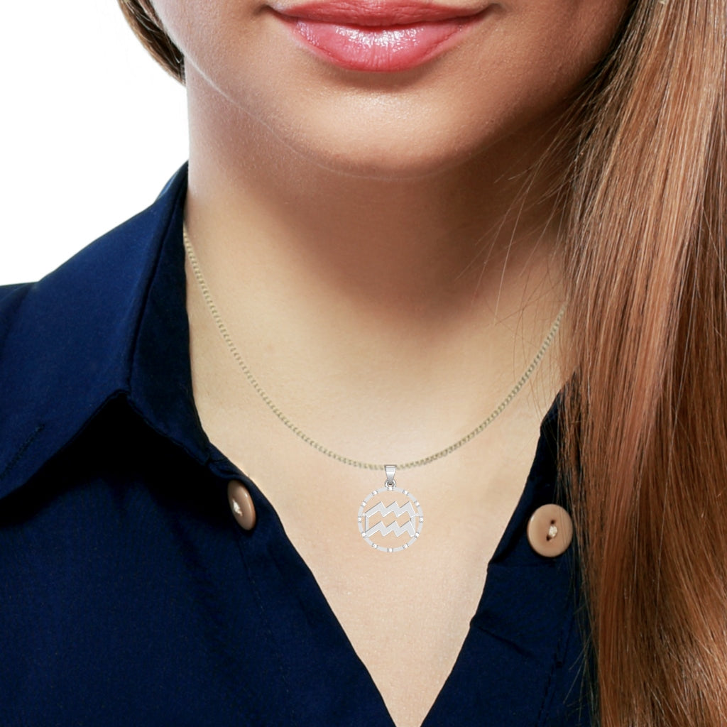 Aquarius Zodiac Sign Diamond Bezel Pendant In Solid 14K White Gold