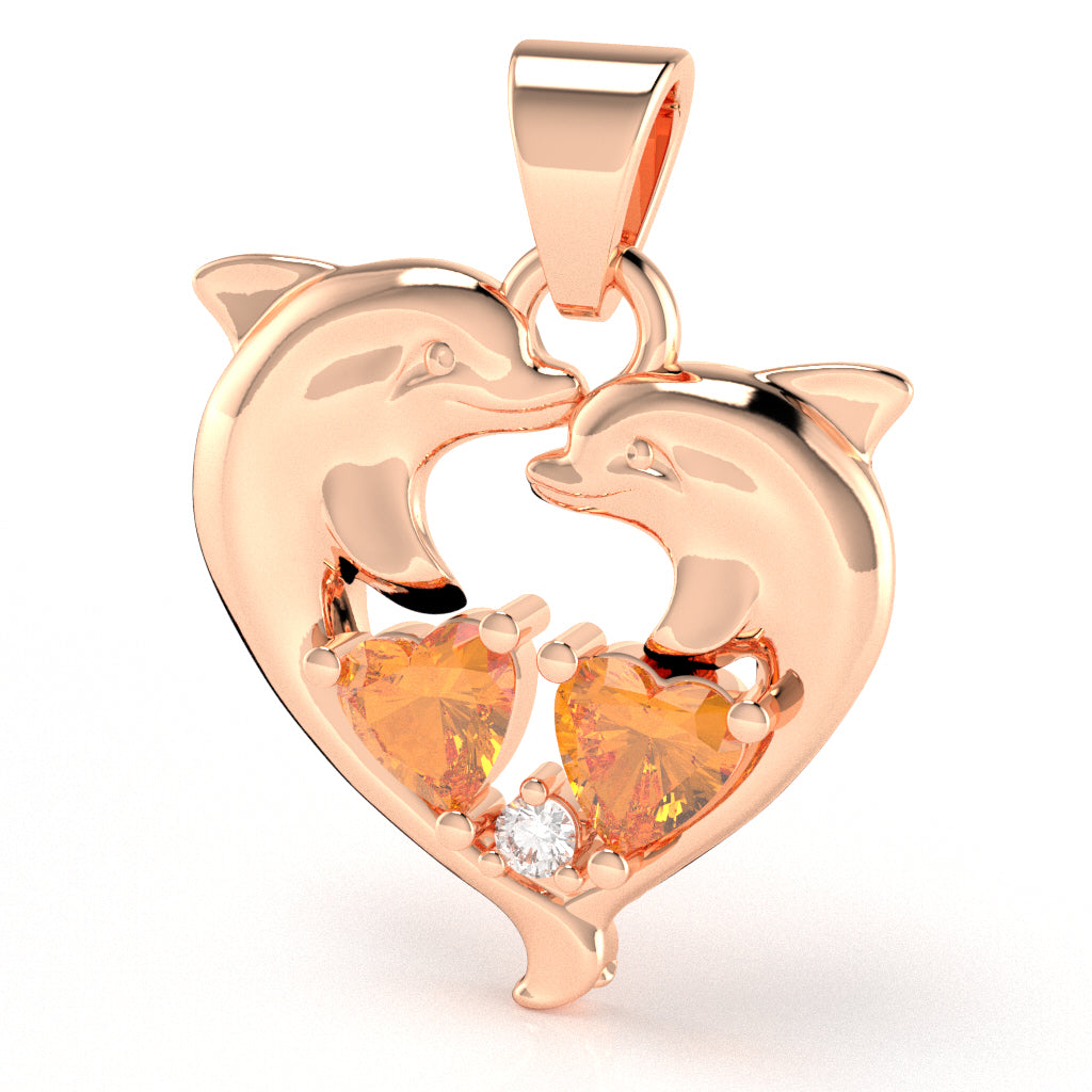 Citrine Diamond Dolphin 2 Heart Birthstone Pendant in 14k Rose Gold