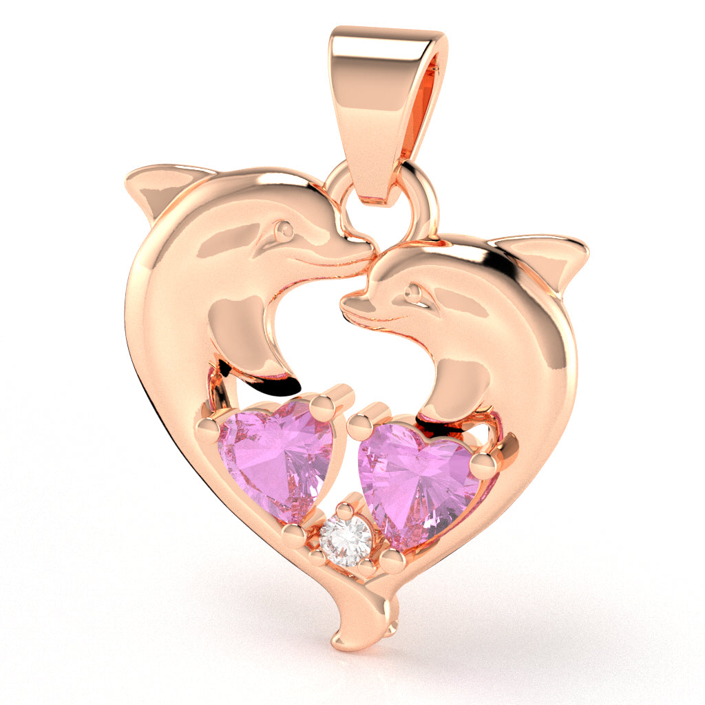Lab-Created Pink Sapphire Diamond Dolphin 2 Heart Birthstone Pendant in 14k Rose Gold