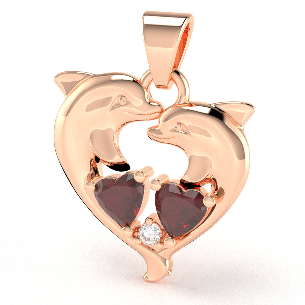 Lab-Created Ruby Diamond Dolphin 2 Heart Birthstone Pendant in 10k Rose Gold