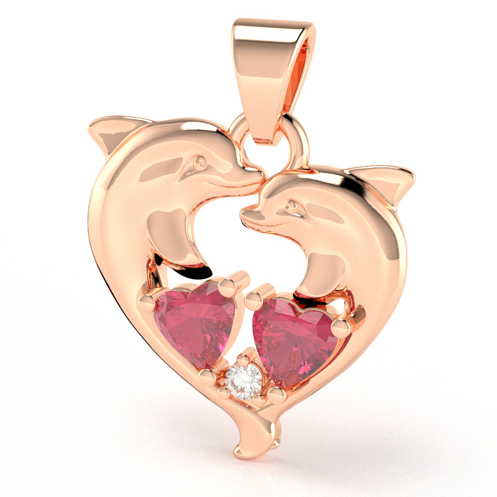 Pink Tourmaline Diamond Dolphin 2 Heart Birthstone Pendant in 14k Rose Gold