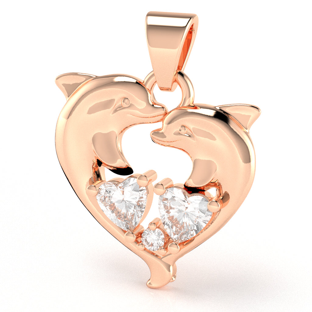 White Topaz Diamond Dolphin 2 Heart Birthstone Pendant in 10k Rose Gold