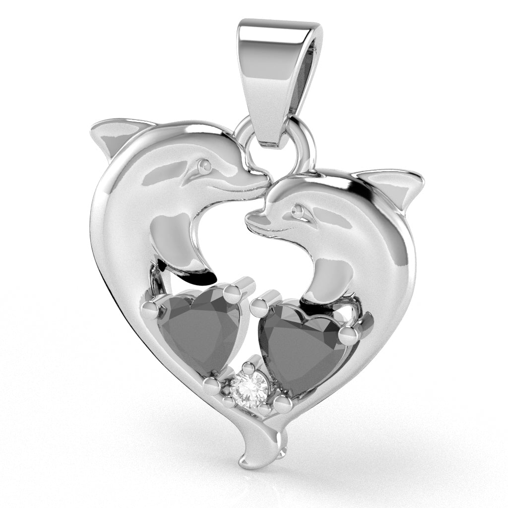 Black Onyx Diamond Dolphin 2 Heart Birthstone Pendant in 14k White Gold