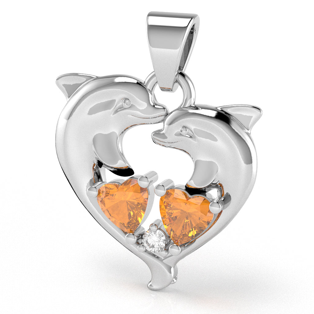 Citrine Diamond Dolphin 2 Heart Birthstone Pendant in 14k White Gold