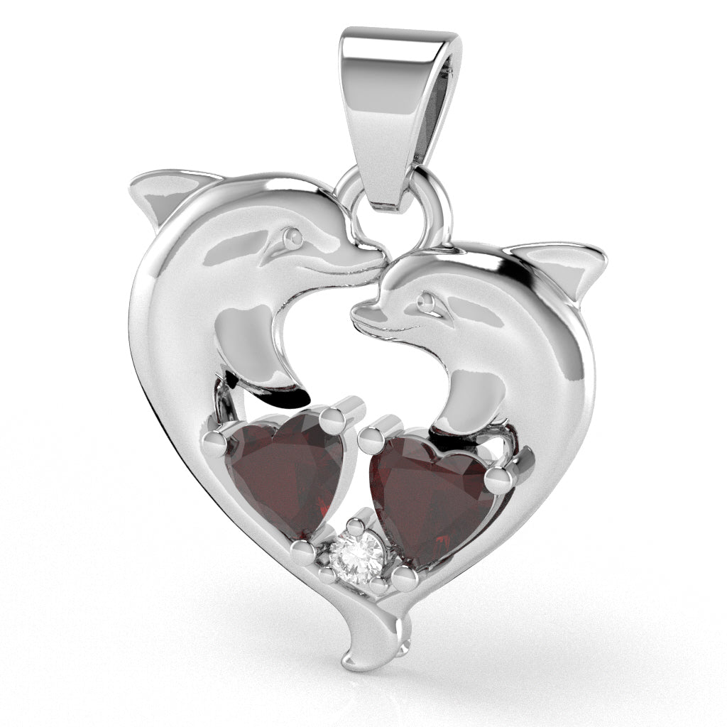 Garnet Diamond Dolphin 2 Heart Birthstone Pendant in 10k White Gold