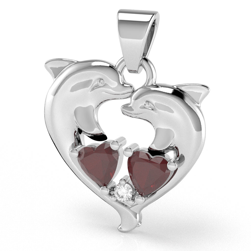 Ruby Diamond Dolphin 2 Heart Birthstone Pendant in 14k White Gold