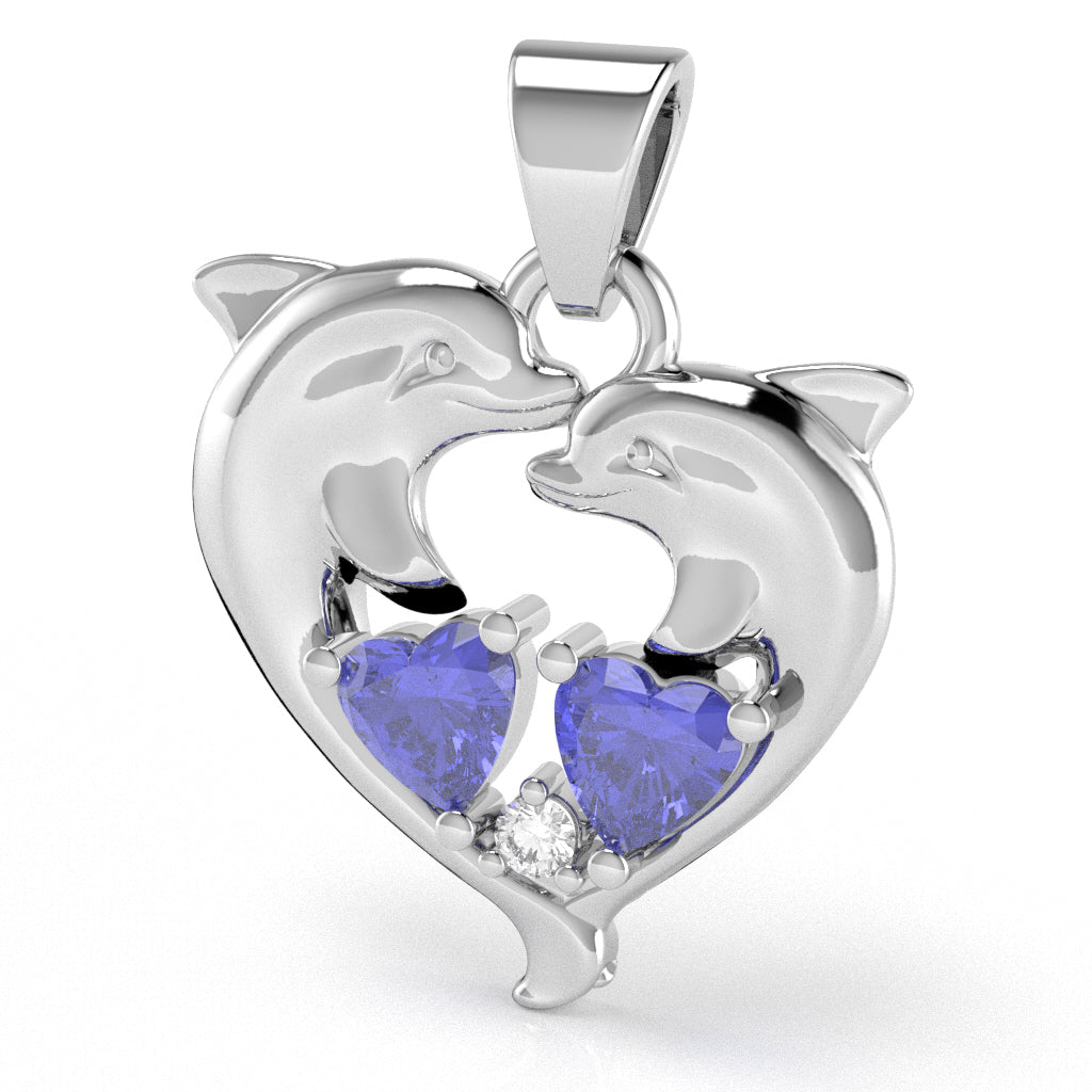 Tanzanite Diamond Dolphin 2 Heart Birthstone Pendant in 14k White Gold