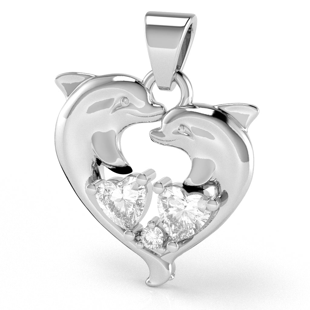 White Topaz Diamond Dolphin 2 Heart Birthstone Pendant in 14k White Gold