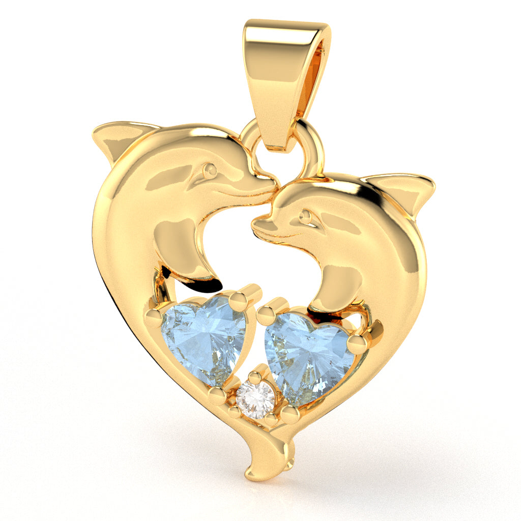 Aquamarine Diamond Dolphin 2 Heart Birthstone Pendant in 14k Yellow Gold
