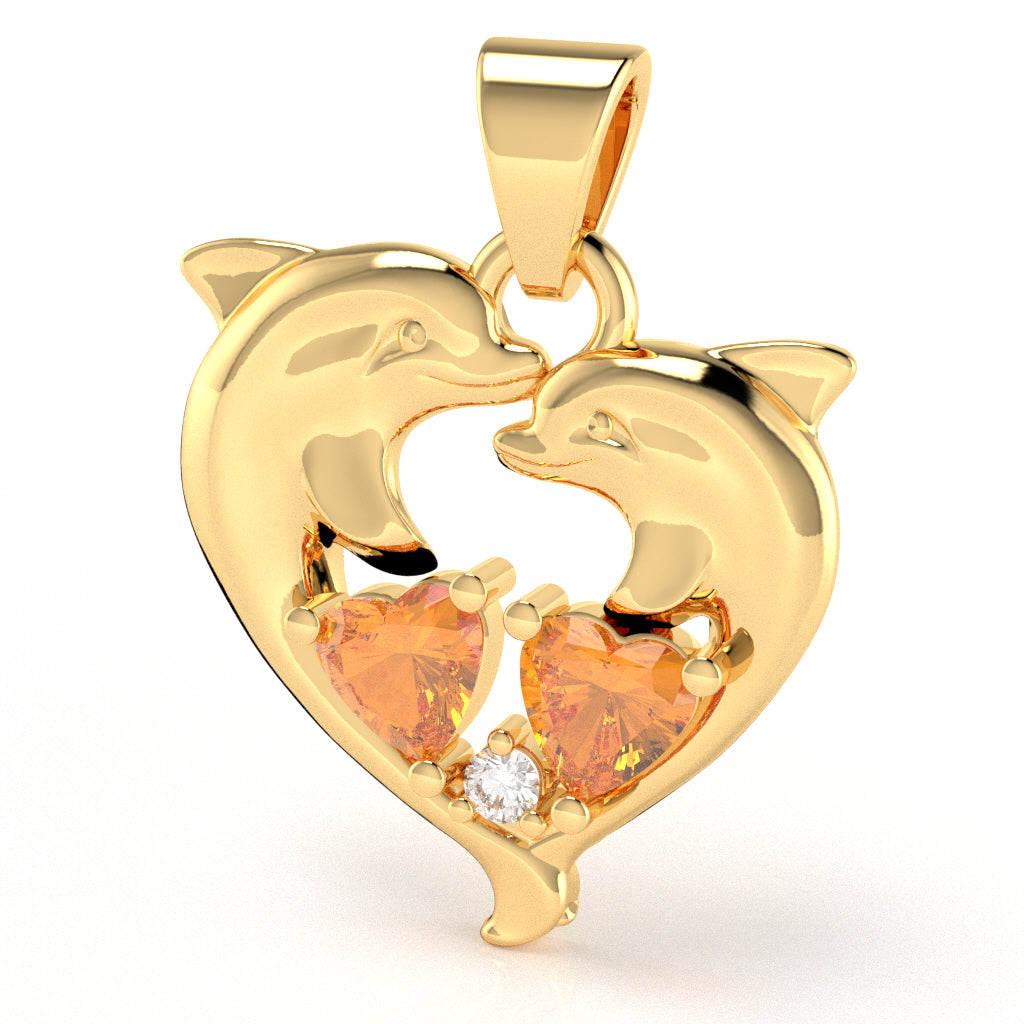 Citrine Diamond Dolphin 2 Heart Birthstone Pendant in 14k Yellow Gold