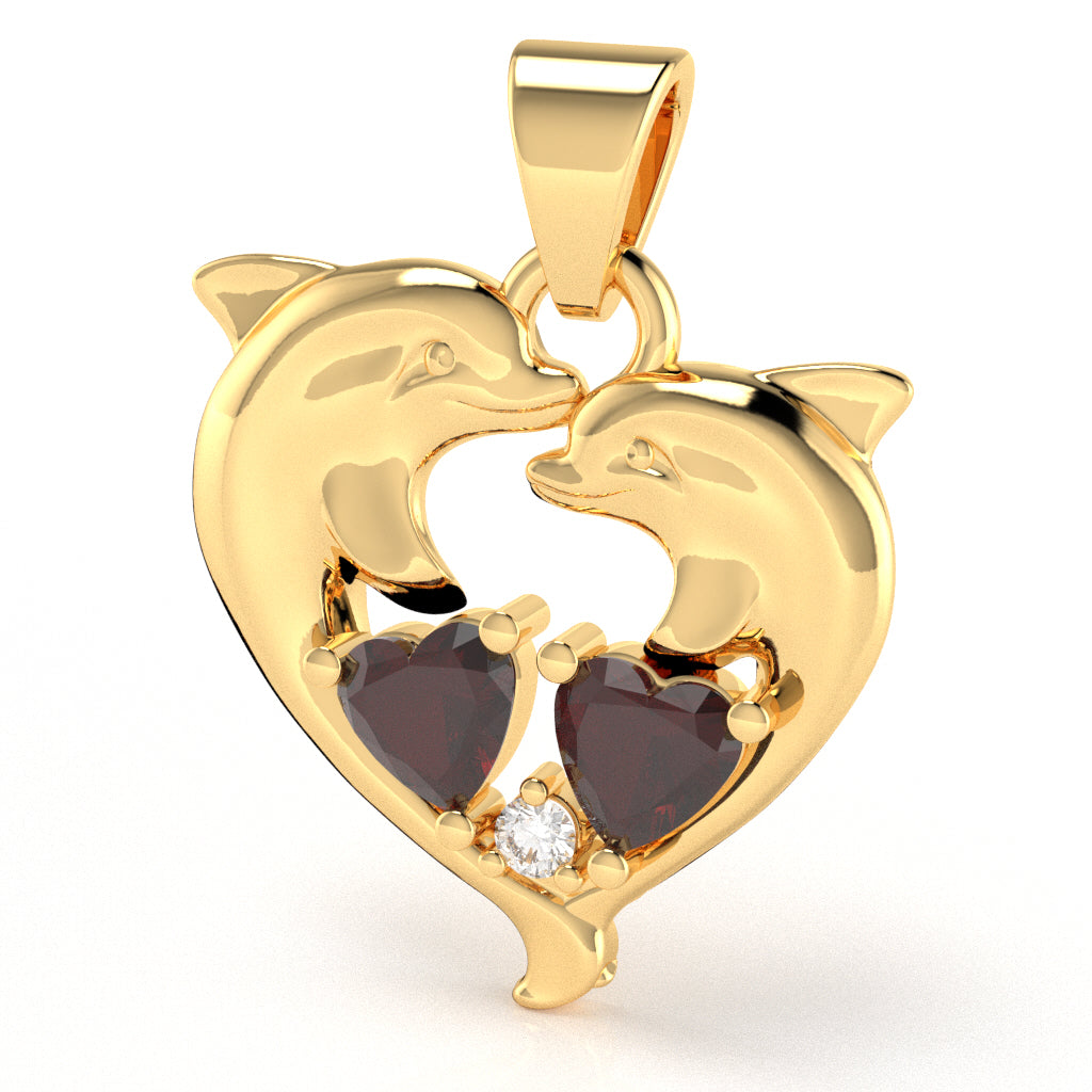 Garnet Diamond Dolphin 2 Heart Birthstone Pendant in 14k Yellow Gold