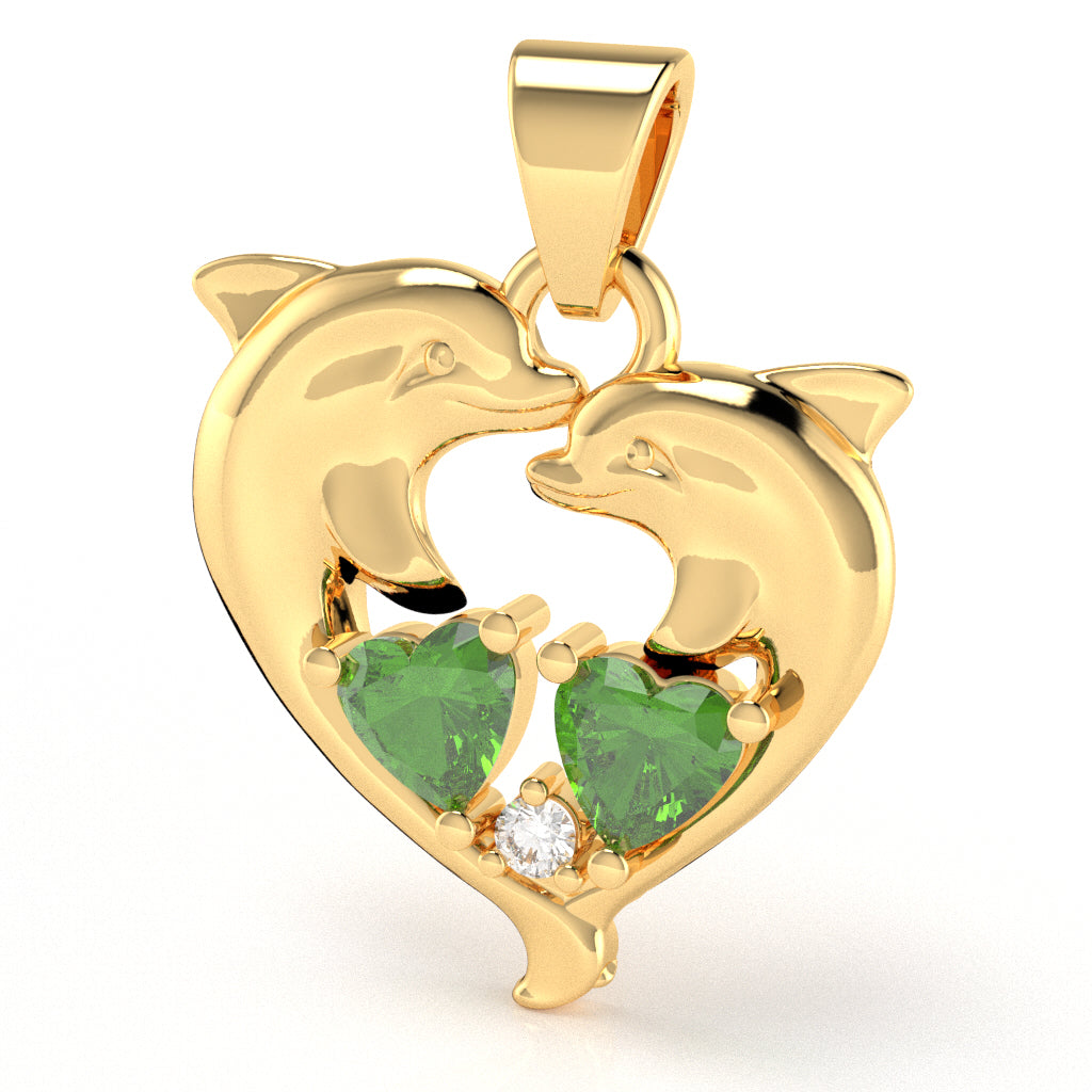 Peridot Diamond Dolphin 2 Heart Birthstone Pendant in 14k Yellow Gold