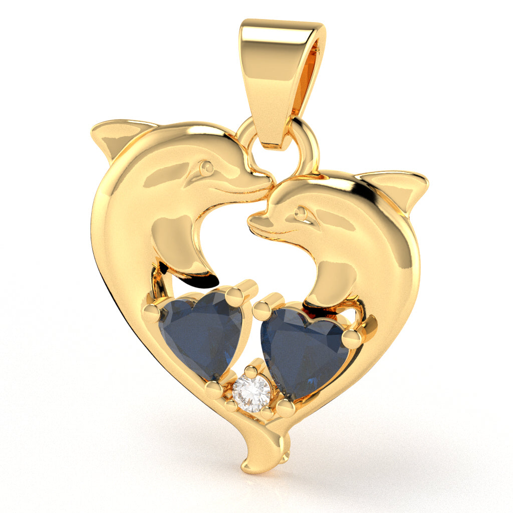Lab-Created Sapphire Diamond Dolphin 2 Heart Birthstone Pendant in 10k Yellow Gold