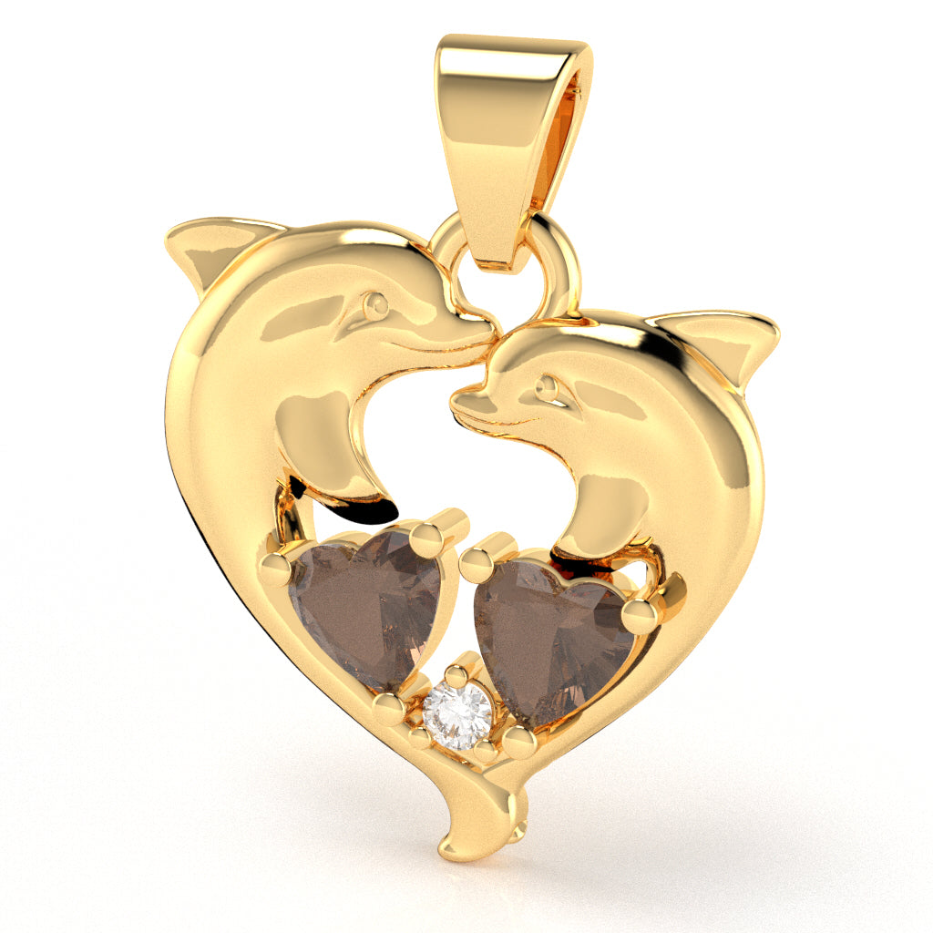 Smoky Quartz Diamond Dolphin 2 Heart Birthstone Pendant in 14k Yellow Gold