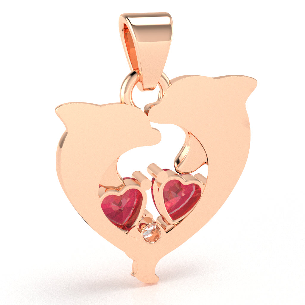 Pink Tourmaline Diamond Dolphin 2 Heart Birthstone Pendant in 14k Rose Gold