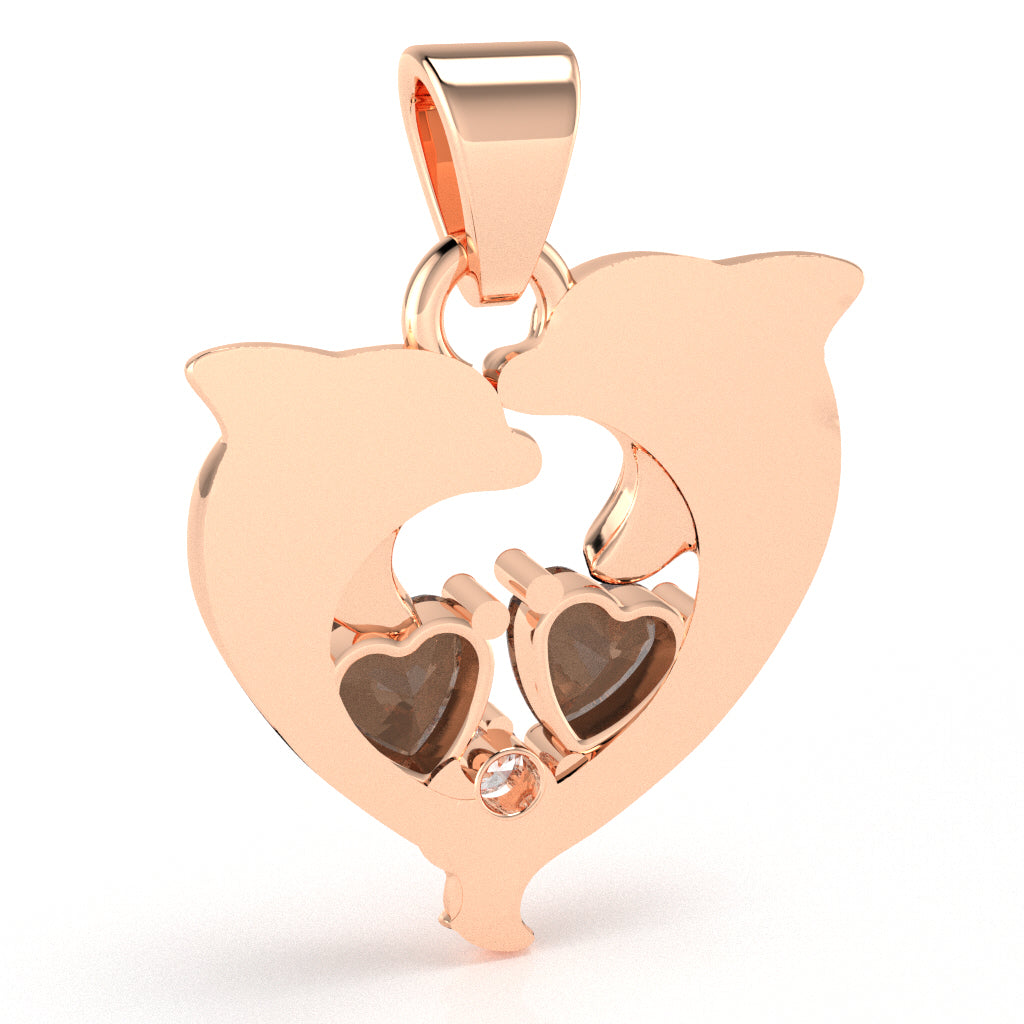 Smoky Quartz Diamond Dolphin 2 Heart Birthstone Pendant in 14k Rose Gold