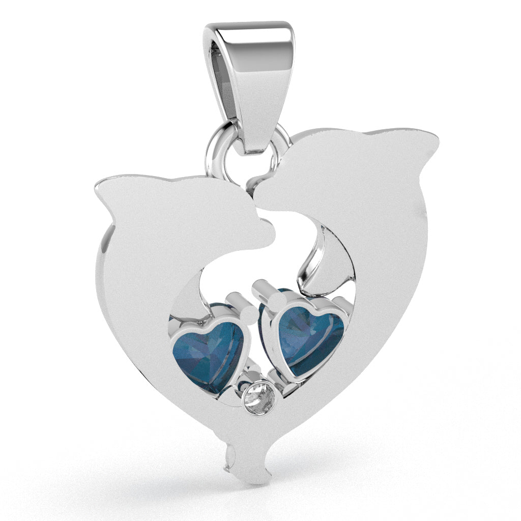 Lab-Created Alexandrite Diamond Dolphin 2 Heart Birthstone Pendant in 14k White Gold