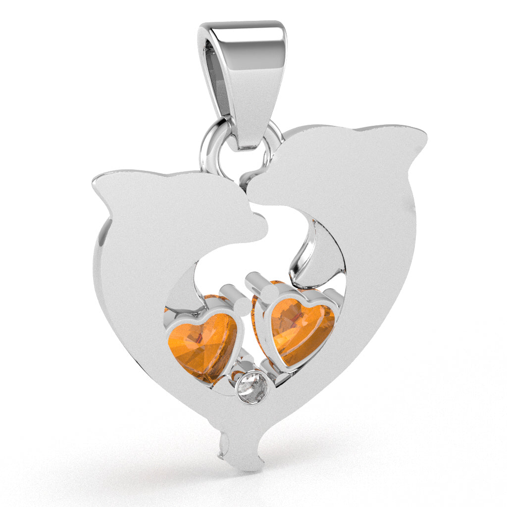 Citrine Diamond Dolphin 2 Heart Birthstone Pendant in 14k White Gold