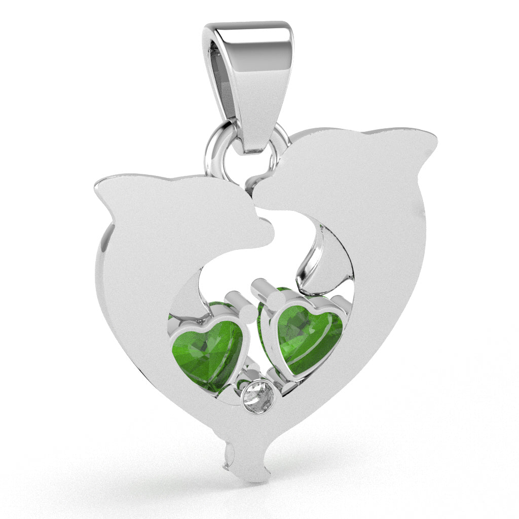 Peridot Diamond Dolphin 2 Heart Birthstone Pendant in 14k White Gold