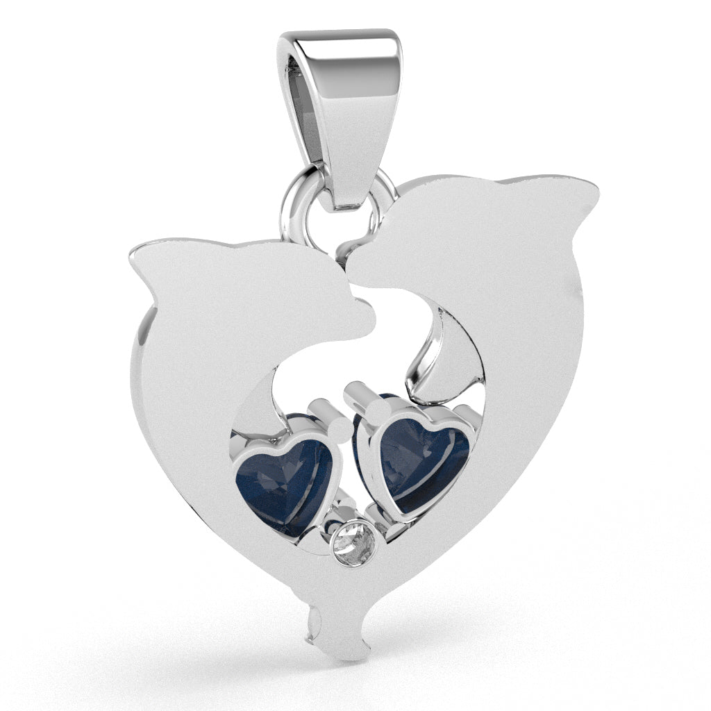 Lab-Created Sapphire Diamond Dolphin 2 Heart Birthstone Pendant in 14k White Gold