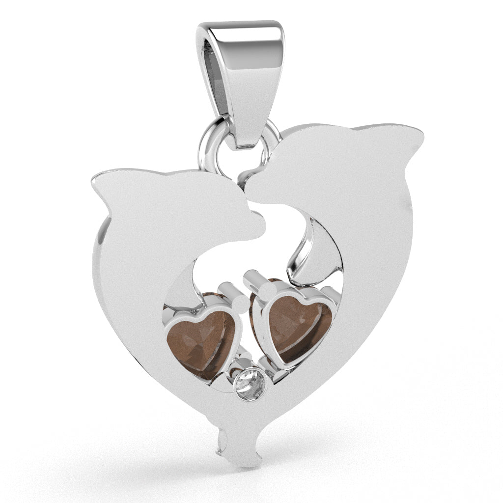 Smoky Quartz Diamond Dolphin 2 Heart Birthstone Pendant in 14k White Gold