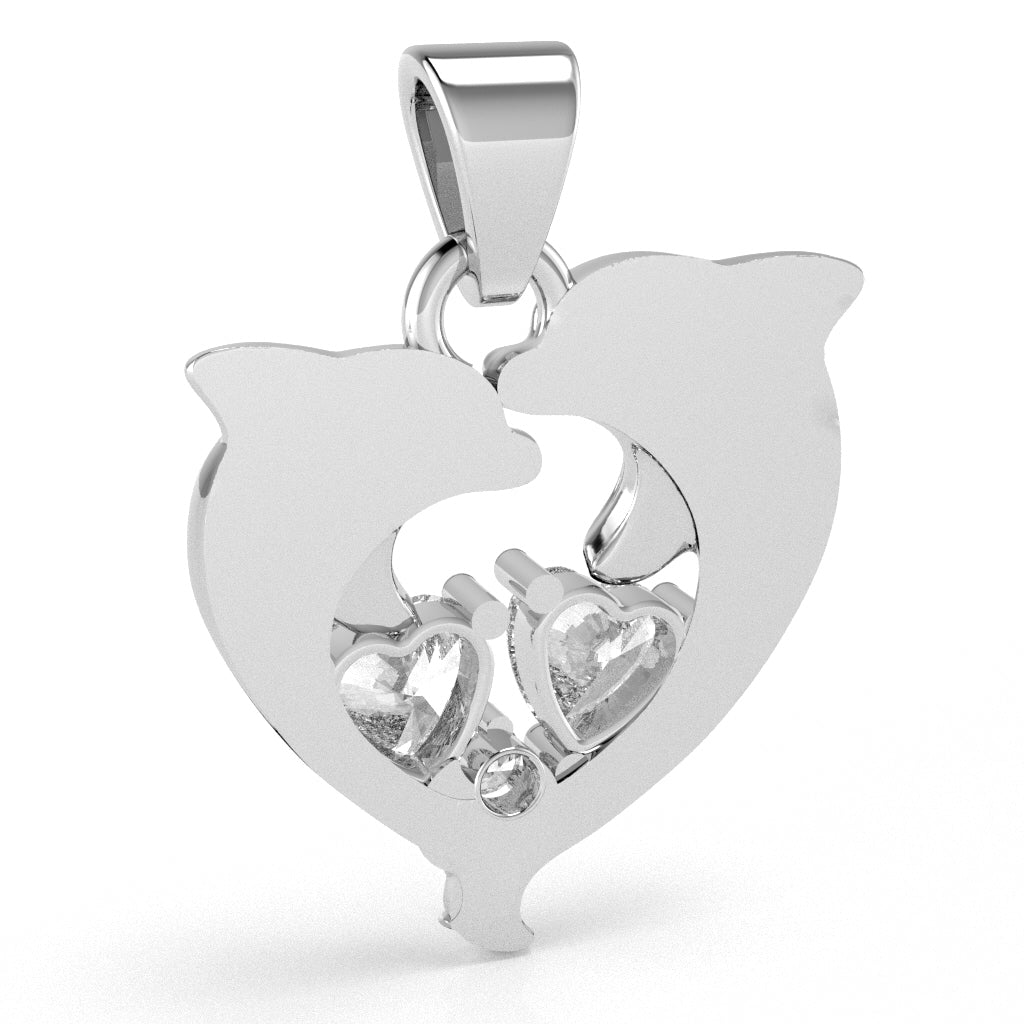 White Topaz Diamond Dolphin 2 Heart Birthstone Pendant in 14k White Gold