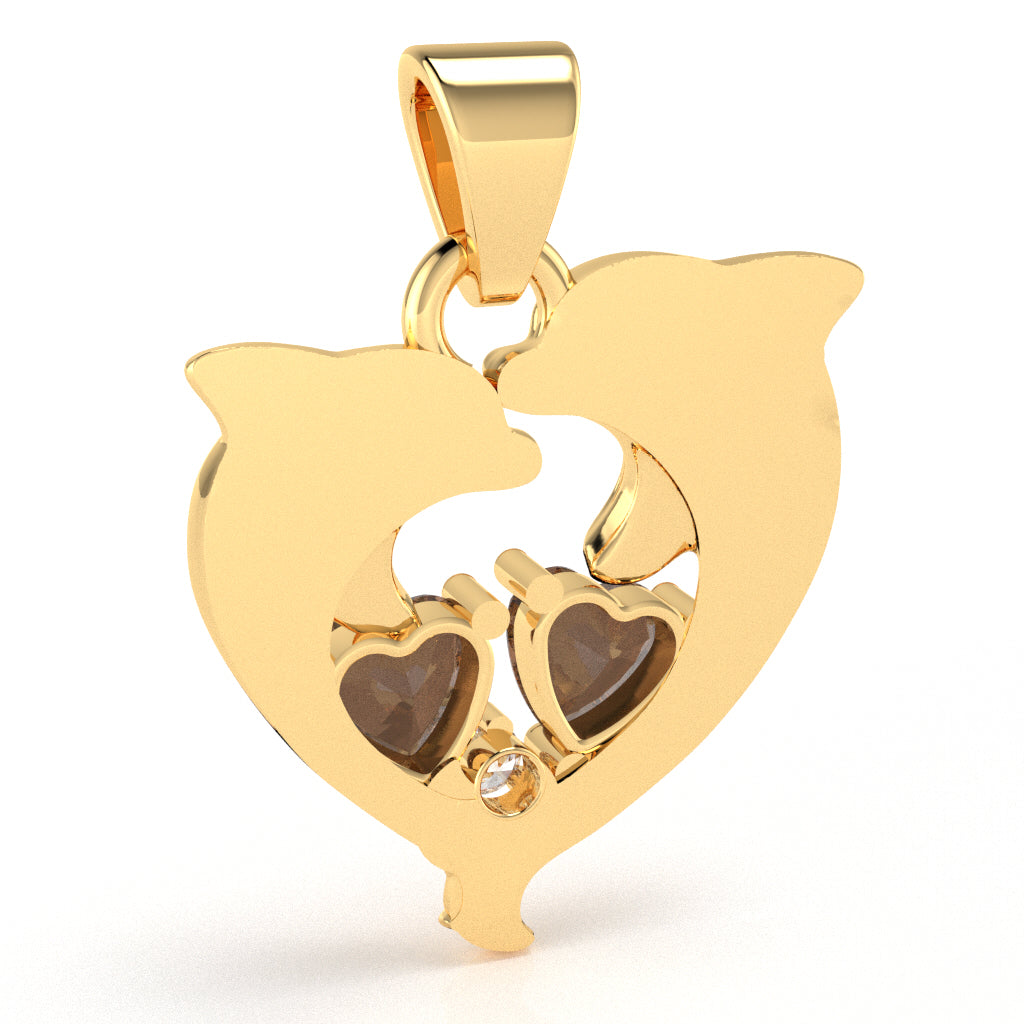 Smoky Quartz Diamond Dolphin 2 Heart Birthstone Pendant in 14k Yellow Gold
