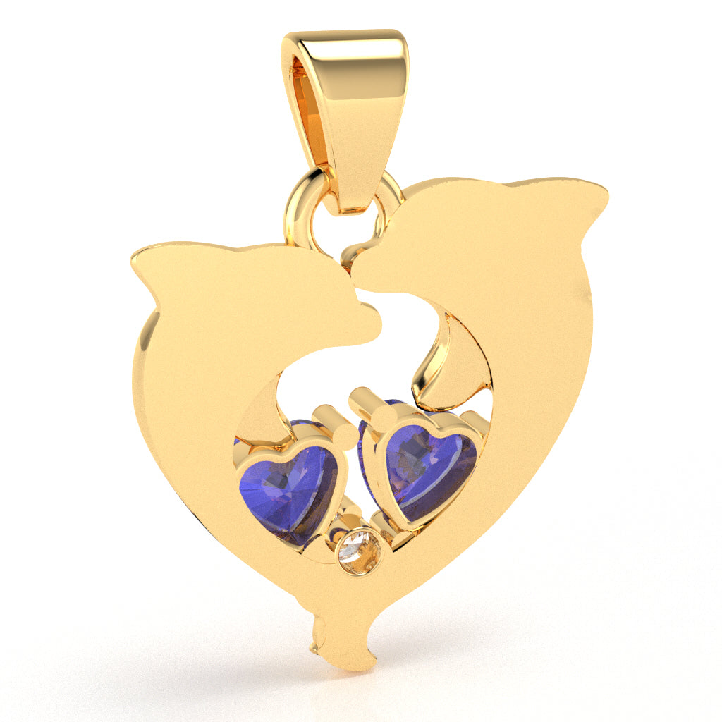 Tanzanite Diamond Dolphin 2 Heart Birthstone Pendant in 14k Yellow Gold