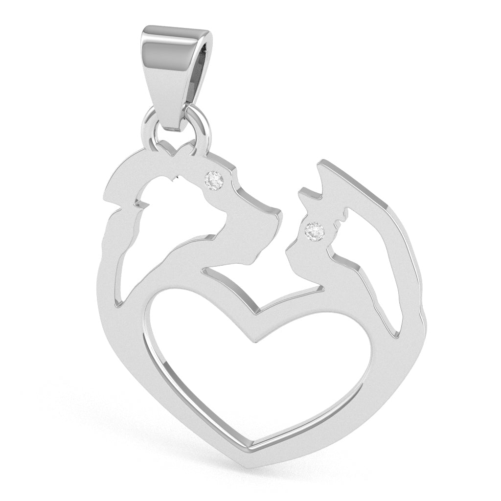 Dog And Cat Diamond-Heart Pendant In Solid 14k White Gold