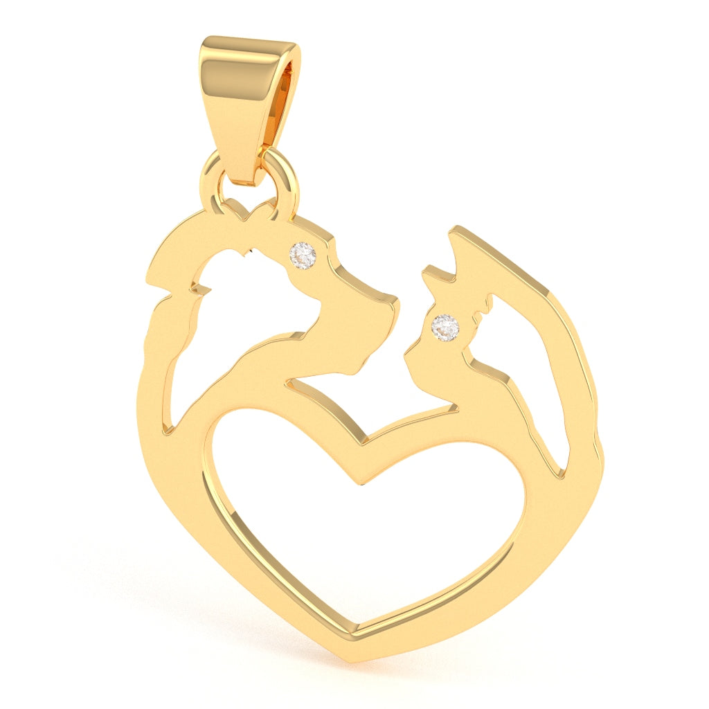 Dog And Cat Diamond-Heart Pendant In 10k Yellow Gold