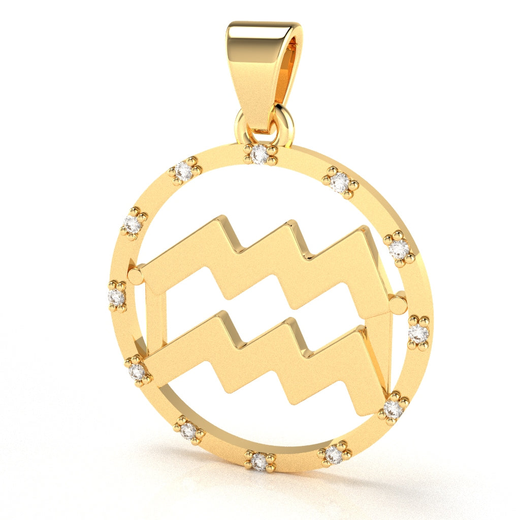 Aquarius Zodiac Sign Diamond Bezel Pendant In Solid 10K Yellow Gold