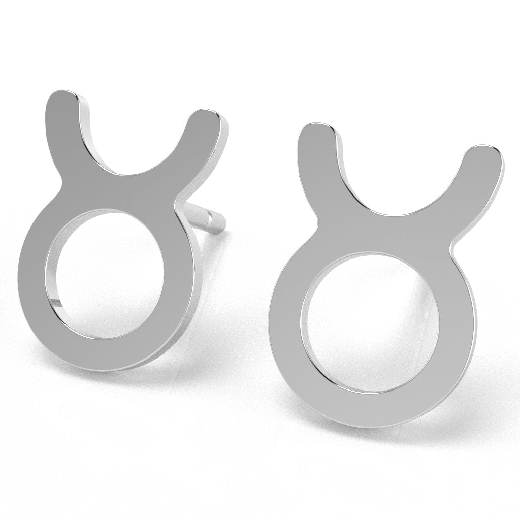 Taurus Zodiac Sign Stud Earrings In Solid 14K White Gold
