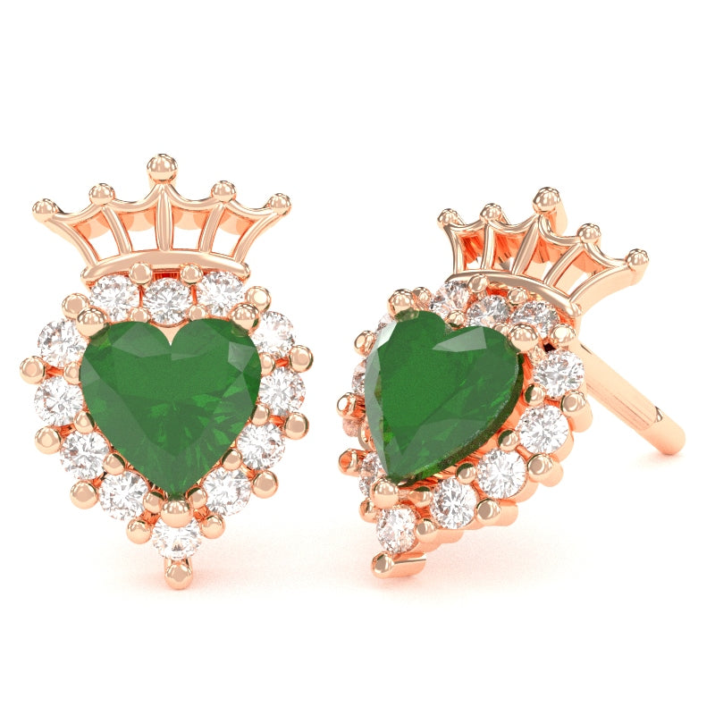 Emerald Diamond Claddagh Motive Stud Earrings in 14k Rose Gold