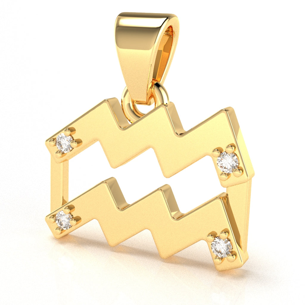 Aquarius Zodiac Sign Diamond Pendant In Solid 14k Yellow Gold