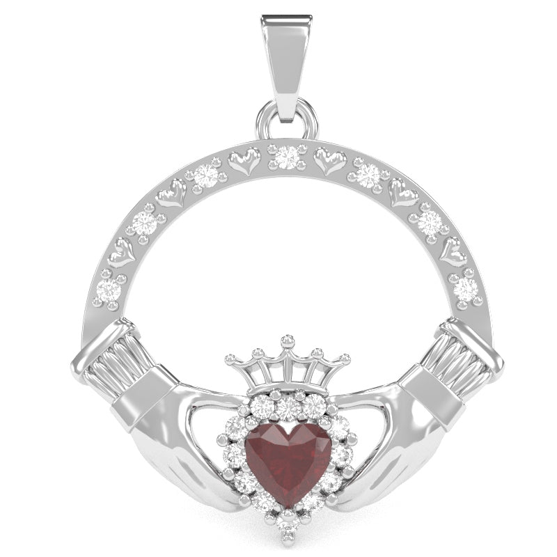Ruby Diamond Claddagh Pendant in 14k White Gold