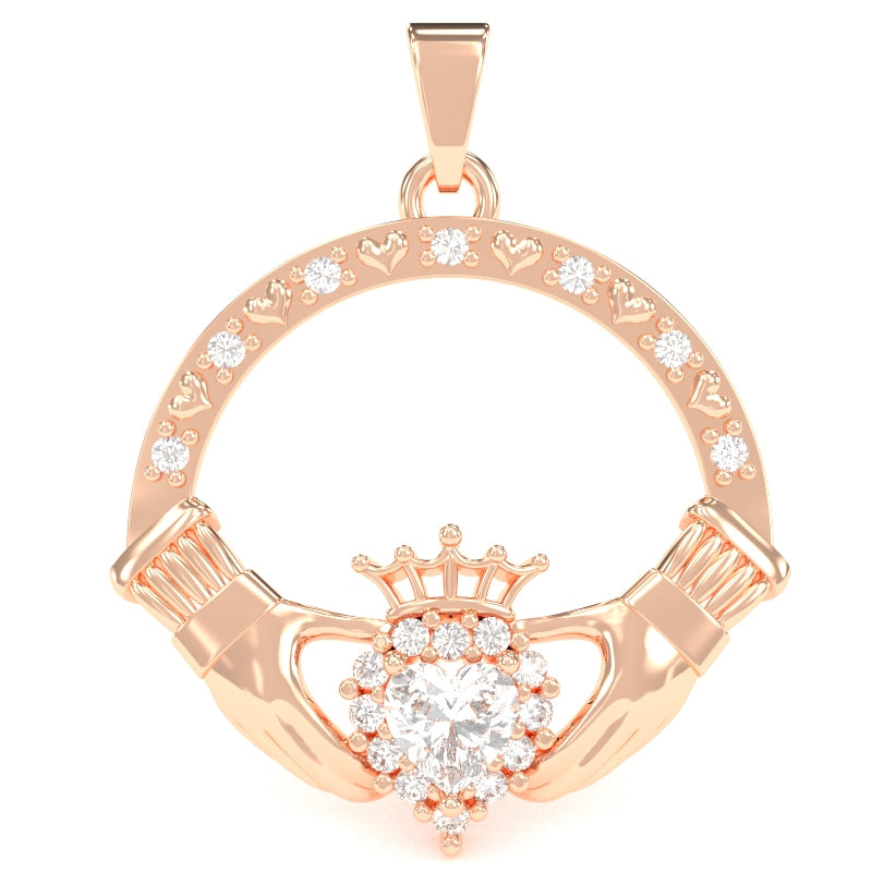 White Topaz Diamond Claddagh Pendant in 14k Rose Gold