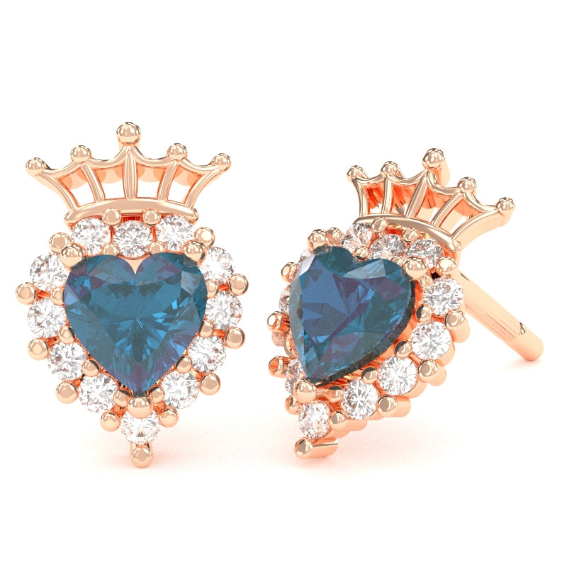 Lab-Created Alexandrite Diamond Claddagh Motive Stud Earrings in 14k Rose Gold