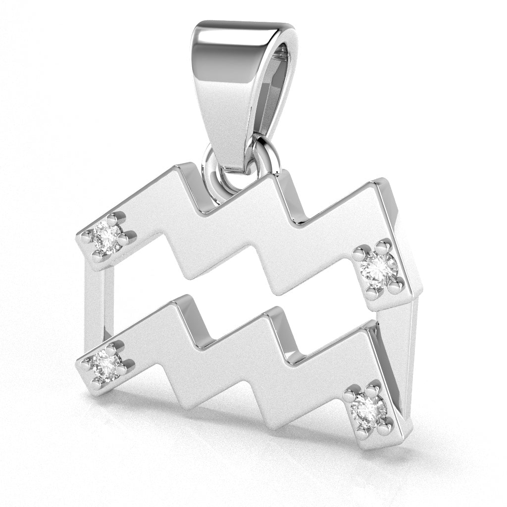Aquarius Zodiac Sign Diamond Pendant In Solid 14k White Gold
