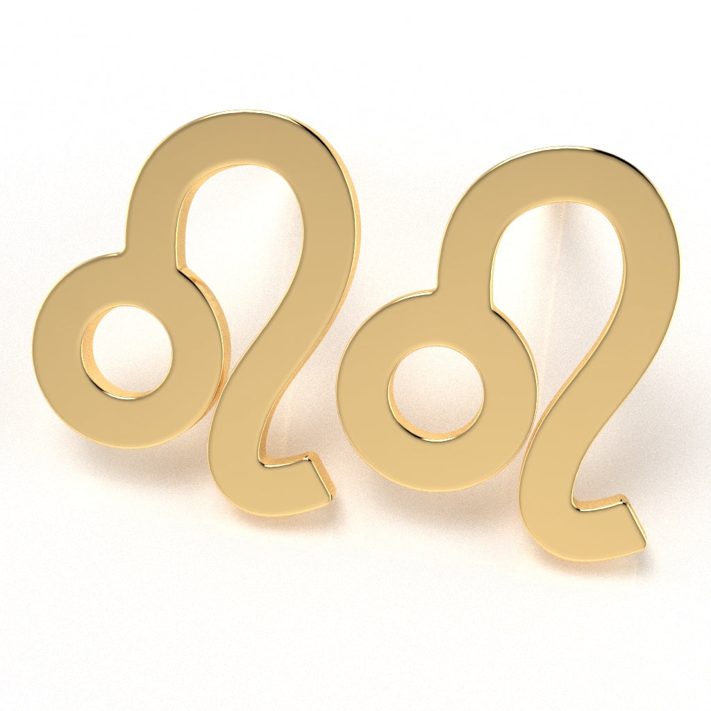 Leo Zodiac Sign Stud Earrings In Solid 10K Yellow Gold
