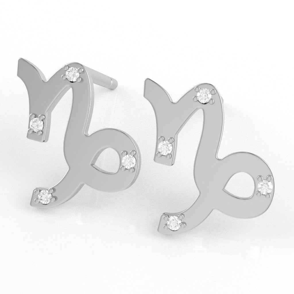 Capricorn Zodiac Sign Diamond Stud Earrings In Solid 14k White Gold