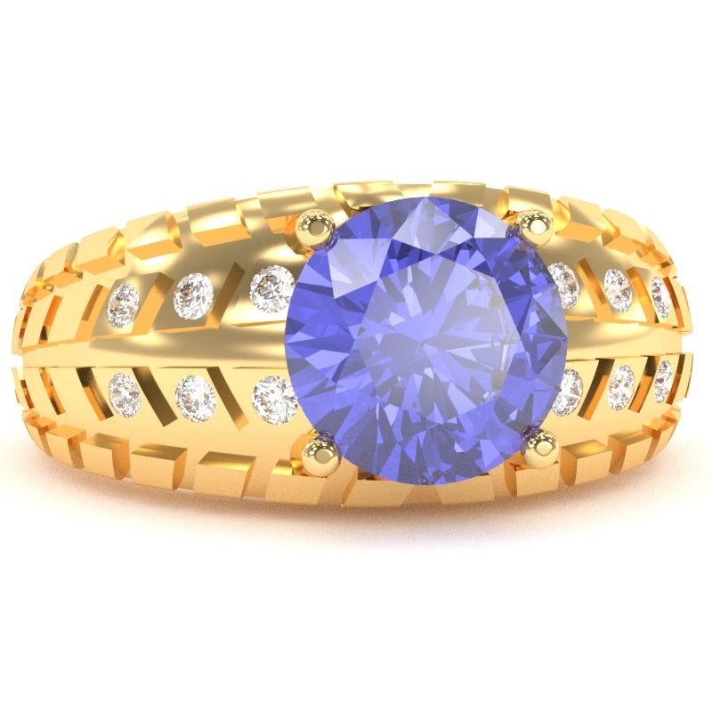 Men's Tire Tread Tanzanite Diamond Ring In Solid 14k Yellow Gold