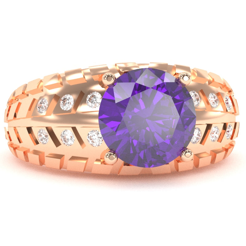 Men's Tire Tread Amethyst Diamond Ring In Solid 14k Rose Gold