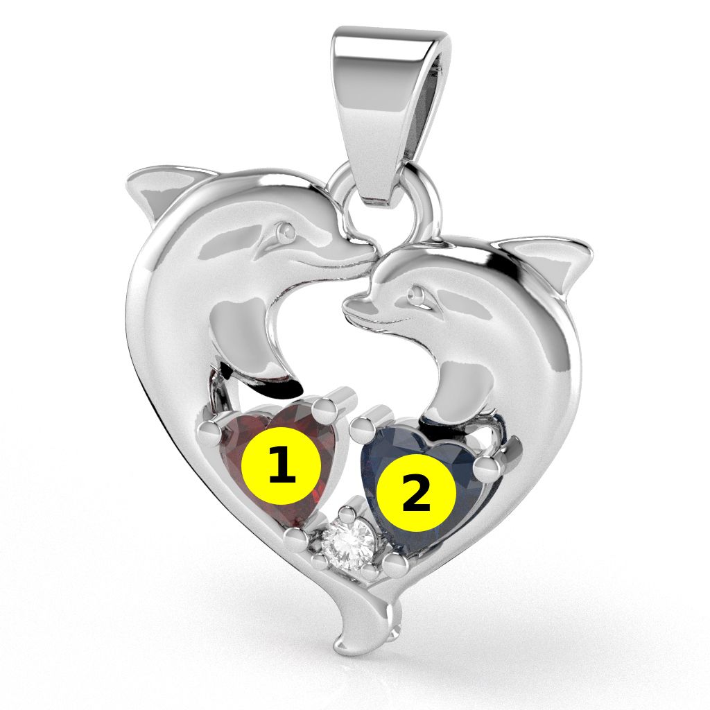 Customizable Gemstone Diamond Dolphin 2 Heart Birthstone Pendant in 14k White Gold