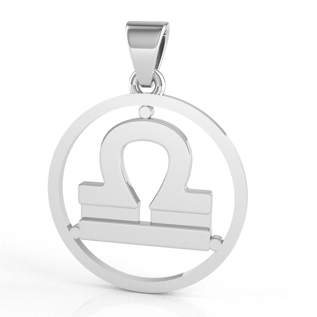 Libra Zodiac Sign Round Bezel Pendant In Solid 14K White Gold