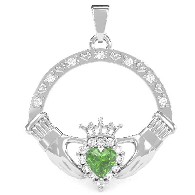 Peridot Diamond Claddagh Pendant in 14k White Gold